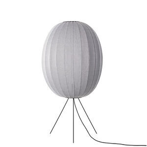 Høj oval sølvlampe med strikket overflade, tre ben og ledning.